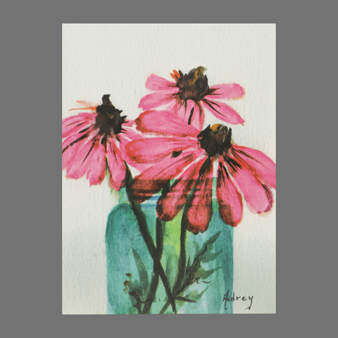 Set of 4 Pink Flower Greeting Cards – Watercolor Mason Jar Design | Made in USA JuLu Cards  Blank Cards