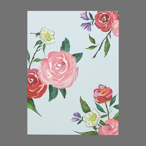 Floral Greeting Card Set – Pink Red White Blooms on Blue – Pack of 4 | Made in USA JuLu Cards  Blank Cards