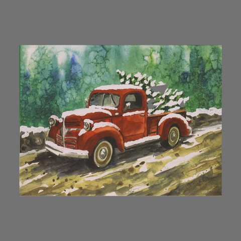 Set of 4 Christmas Greeting Cards – Red Truck With Snow-Covered Tree Holiday Scene | Made in USA JuLu Cards  Blank Cards
