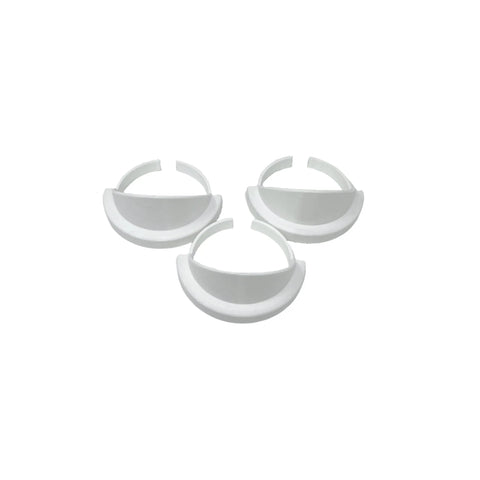 Three identical white, semi-circular plastic rings from Chatelet Manufacturing are arranged on a white background—each is a Paint Can Pourer designed to fit quart-sized paint cans.