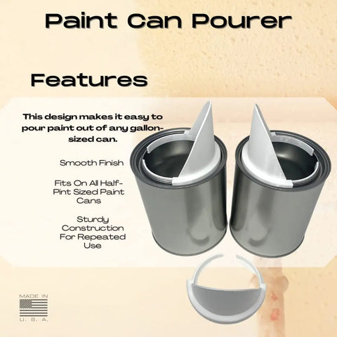 Two Chatelet Manufacturing Paint Can Pourers are shown attached to quart-sized silver cans, with reusable white spouts. Text notes smooth finish and sturdy construction. An inset displays the pourer separately; a faded wall appears in the background.