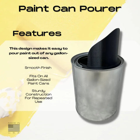 A quart-sized paint can is shown with a reusable black plastic Paint Can Pourer by Chatelet Manufacturing attached at the top. Text highlights: smooth finish, fits quart cans, sturdy construction, and made in the USA. Paintbrush and yellow accents in background.