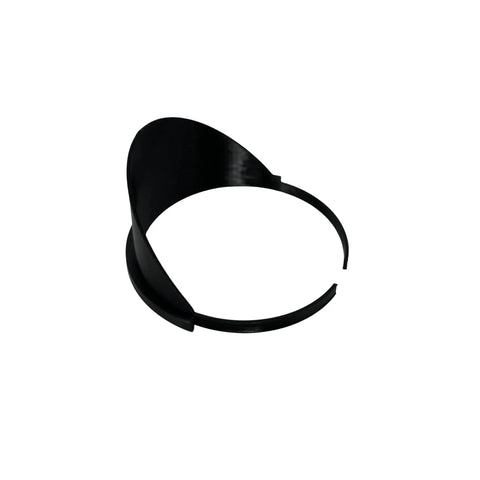 A black, curved plastic Paint Can Pourer by Chatelet Manufacturing, designed for quart-sized cans, with an open gap and minimalist look, displayed on a white background.