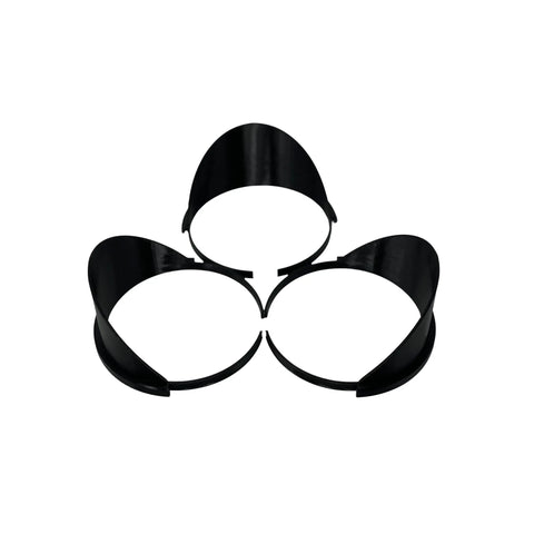 Three black, semi-circular Chatelet Manufacturing Paint Can Pourers, designed for quart-sized cans, are arranged in a triangular pattern on a white background, each with an open side for easy pouring.