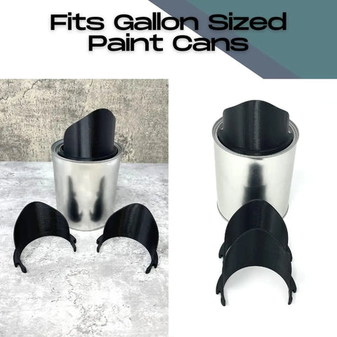 Two black plastic Chatelet Manufacturing Paint Can Pourers are shown—one on a silver paint can, two beside it. The text above reads “Fits Quart-Sized Paint Cans” on a white and gray background.