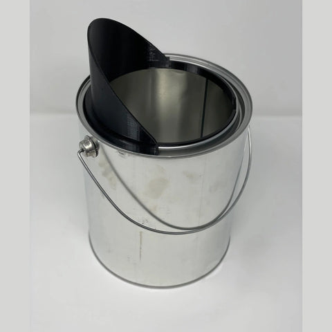 The Chatelet Manufacturing Paint Can Pourer fits quart-sized cans and features a reusable silver metal can with a handle, an open lid, and a black plastic liner insert, shown on a plain white background.