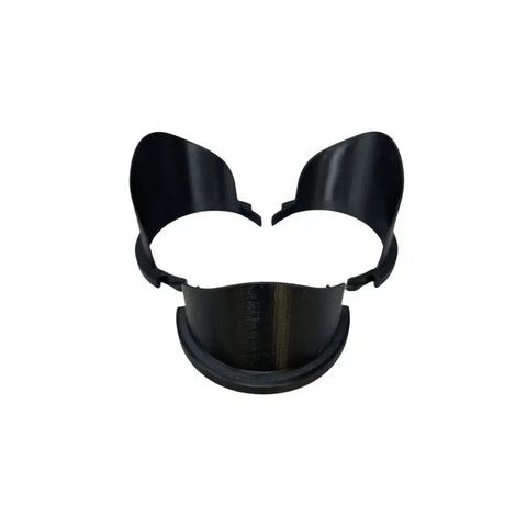 The Paint Can Pourer by Chatelet Manufacturing is a black, curved plastic tool with ear-like extensions and a lower curve, designed to fit quart-sized paint cans. This reusable pourer is shown from above on a white background.