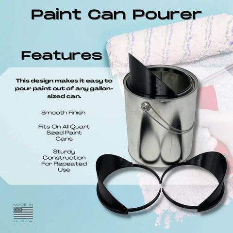 A metal paint can with a black Chatelet Manufacturing Paint Can Pourer—designed for quart-sized cans—is shown next to a roller and tray. The pourers smooth finish and sturdy build are highlighted, with two pourers displayed below.