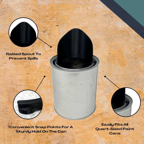 The Chatelet Manufacturing Paint Can Pourer fits quart-sized paint cans and half-pints, features a raised spout to prevent spills, and has snap points for a secure fit. Shown in black with close-ups highlighting its key design benefits.