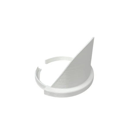 The Chatelet Manufacturing Paint Can Pourer fits quart-sized cans, features a reusable white semi-circular plastic design with a vertical triangular fin on one side, and is shown against a plain white background.