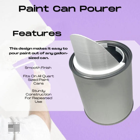 A gray Paint Can Pourer by Chatelet Manufacturing, designed for quart-sized paint cans, is shown with a reusable metal spout against a purple and white background. Text notes its smooth finish and sturdy construction.