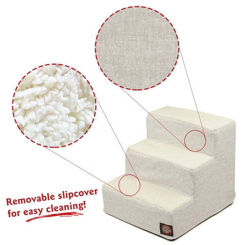 Majestic Pet Palette Heathered 3 Steps Pet Stairs (Heavy Duty) shown in beige, with close-ups of textured fabric and soft material. Removable slipcover for easy cleaning—perfect stairs for your furry friends!.