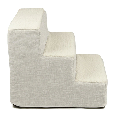 Side view of Majestic Pets Palette Heathered 3 Steps Pet Stairs (Heavy Duty) with soft light gray fabric and textured cream steps—ideal dog and cat stairs for helping pets reach higher surfaces.