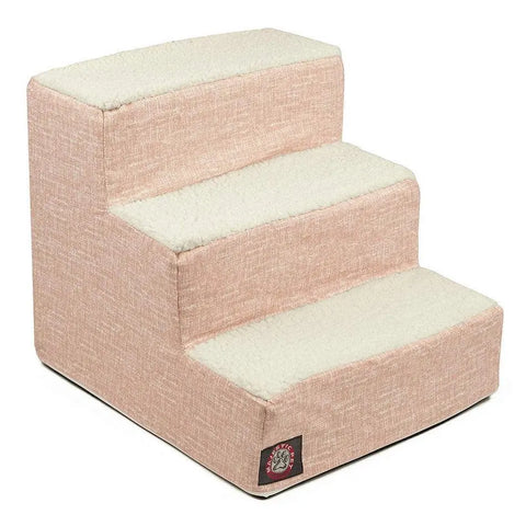 The Majestic Pet Palette Heathered 3 Steps Pet Stairs (Heavy Duty) feature a light pink heathered fabric with cream textured steps, helping your pet reach higher surfaces. A paw print logo label accents the bottom corner.