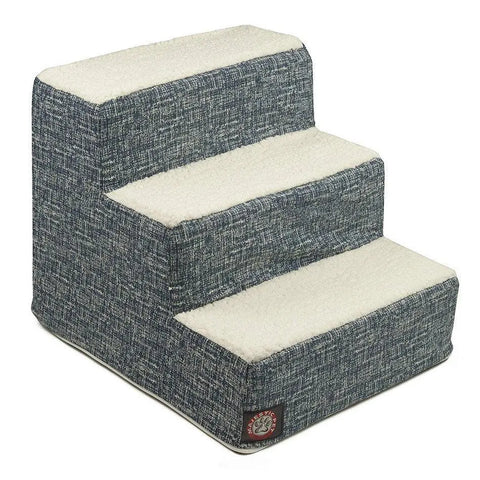 The Majestic Pet Palette Heathered 3 Steps Pet Stairs (Heavy Duty) features a gray textured fabric exterior and white cushioned steps, helping dogs and cats safely reach higher surfaces.