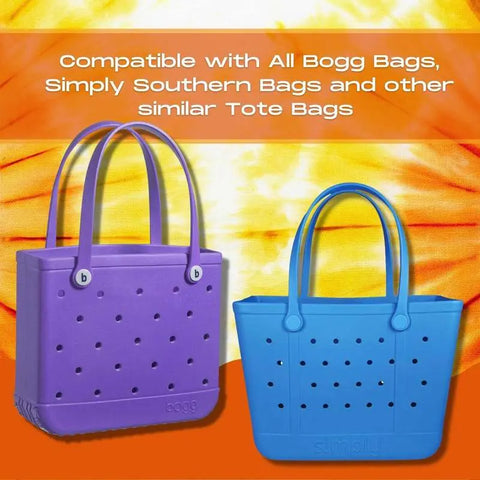 Two large tote bags, one purple and one blue, displayed on a yellow-orange tie-dye background. Text reads: BOGLETS Palm Tree Charms by Chatelet Manufacturing—compatible with Simply Southern, Bogg Bags, and other similar totes.