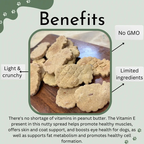A close-up of Dogtown Bakery’s Peanut Butter grain-free dog snacks—light brown, leaf-shaped, non-GMO, limited ingredient treats that are light, crunchy, and packed with health benefits for your pup.