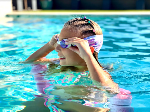 Pastel Swirl Swim Goggles – Tangle-Free Strap, Purple Lenses, One Size Fits Kids to Adults | Assembled in USA Splash Place  Swim Goggles