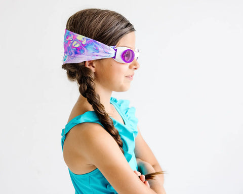 Pastel Swirl Swim Goggles – Tangle-Free Strap, Purple Lenses, One Size Fits Kids to Adults | Assembled in USA Splash Place  Swim Goggles
