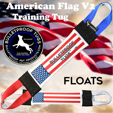 Two Patriotic Fire Hose Training Tug V2 - Flag Series toys by Bulletproof Pet Products Inc are shown on a faded flag background with American Flag V2 Training Tug and FLOATS. A circular logo is on the left. USA-made dog toy quality.