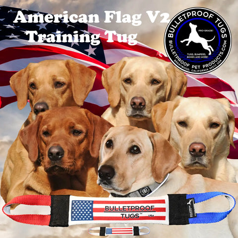 Four Labrador Retrievers sit before a waving American flag. The Bulletproof Pet Products Inc logo is in the corner, with the Patriotic Fire Hose Training Tug V2 - Flag Series dog toy displayed at the bottom.