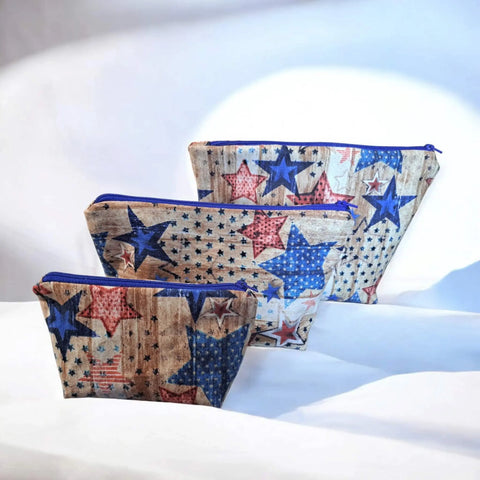 Patriotic Makeup Bag Set – Rustic Star Design Cosmetic Pouch Trio | Handmade Cotton Lining | Made in USA Frances Farm & Craft  Cosmetic bags