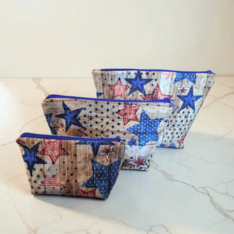 Patriotic Makeup Bag Set – Rustic Star Design Cosmetic Pouch Trio | Handmade Cotton Lining | Made in USA Frances Farm & Craft  Cosmetic bags