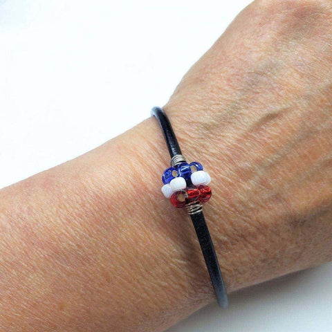 Patriotic Red White Blue Beaded Leather Bracelet – 3mm Black Cord | Made in USA Alexa Martha Designs  Bracelet