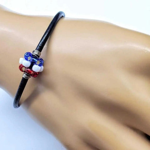 Patriotic Red White Blue Beaded Leather Bracelet – 3mm Black Cord | Made in USA Alexa Martha Designs  Bracelet