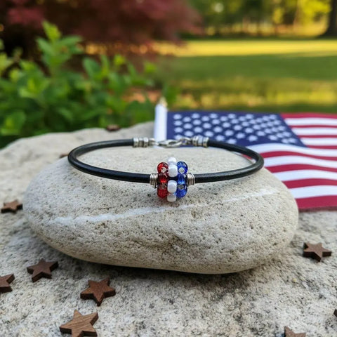 Patriotic Red White Blue Beaded Leather Bracelet – 3mm Black Cord | Made in USA Alexa Martha Designs  Bracelet