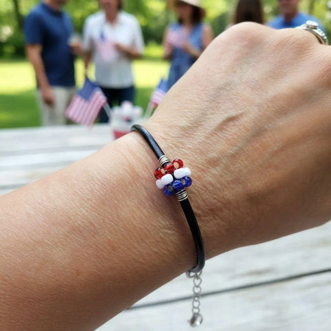 Patriotic Red White Blue Beaded Leather Bracelet – 3mm Black Cord | Made in USA Alexa Martha Designs  Bracelet