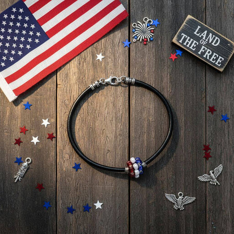 Patriotic Red White Blue Beaded Leather Bracelet – 3mm Black Cord | Made in USA Alexa Martha Designs  Bracelet