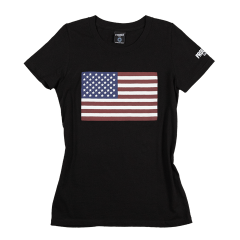 Women’s Black Cotton T-Shirt – American Flag Graphic – Made in USA Proudly USA  T-shirt