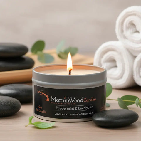 Peppermint Eucalyptus Soy Candle Tin – 6.5oz Natural Scented Candle for Spa Ambiance | Handcrafted in USA MorninWood Candles  Candles