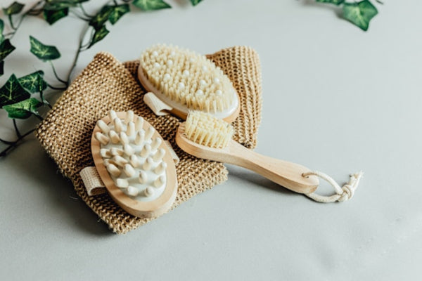 Two natural bristle brushes and a scrubber on a light surface with greenery in the background.