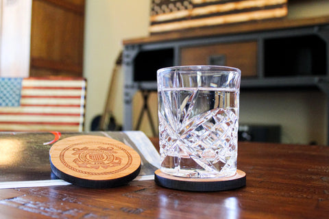 Personalized 3.5 Inch Wooden Coaster Sets With Cork Bottom – Handcrafted American Barware | Made in USA American Grains LLC 
