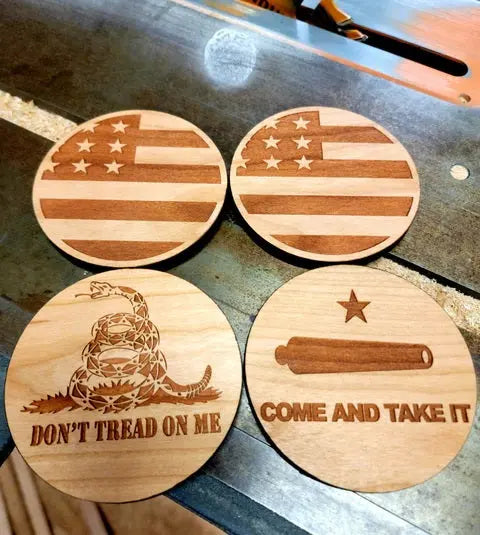 Personalized 3.5 Inch Wooden Coaster Sets With Cork Bottom – Handcrafted American Barware | Made in USA American Grains LLC 