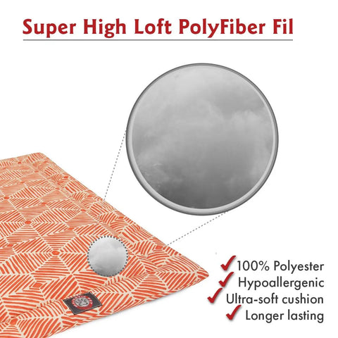 The Charlie Crate Mat - Personalized by Majestic Pet features a stylish orange pattern, super high loft polyfiber fill, 100% polyester hypoallergenic material, and ultra-soft comfort—ideal as a crate mattress or machine washable dog bed.