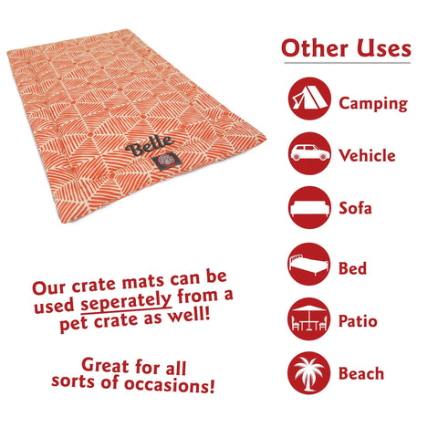The Majestic Pet Charlie Crate Mat - Personalized, shown in an orange pattern, is machine washable and can be used beyond a pet crate—including camping, vehicle, sofa, bed, patio, and beach.