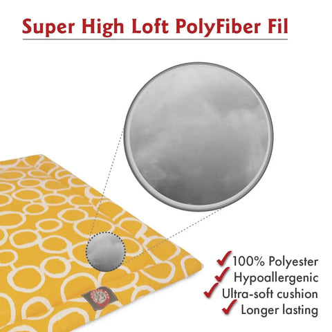A yellow Fusion Crate Mat by Majestic Pet with white circles and fluffy filling. Features Super High Loft PolyFiber Fil—premium, hypoallergenic polyester batting that’s ultra-soft, machine washable, and ideal for pet crates.