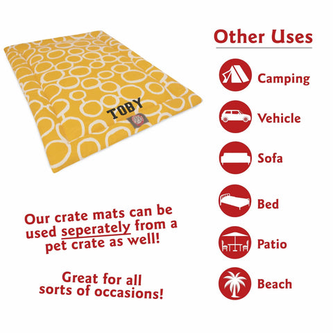 The Majestic Pet Fusion Crate Mat - Personalized in yellow with a white circle pattern and TOBY’s name. Made with premium polyester filling, its machine washable and great for crates, camping, cars, sofas, patios, or the beach—indoors or out!.