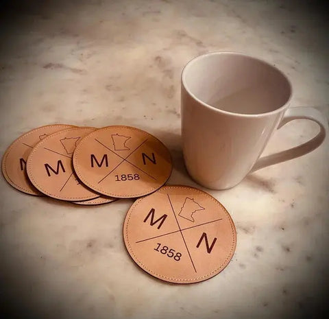 Personalized Leather Drink Coasters – Double Layer Stitched Set | Made in USA Suede Kloth 