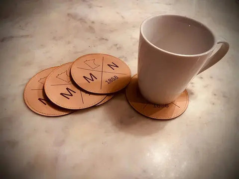 Personalized Leather Drink Coasters – Double Layer Stitched Set | Made in USA Suede Kloth 