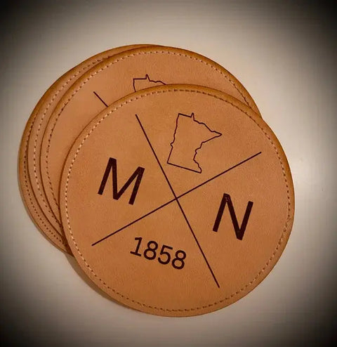 Personalized Leather Drink Coasters – Double Layer Stitched Set | Made in USA Suede Kloth 