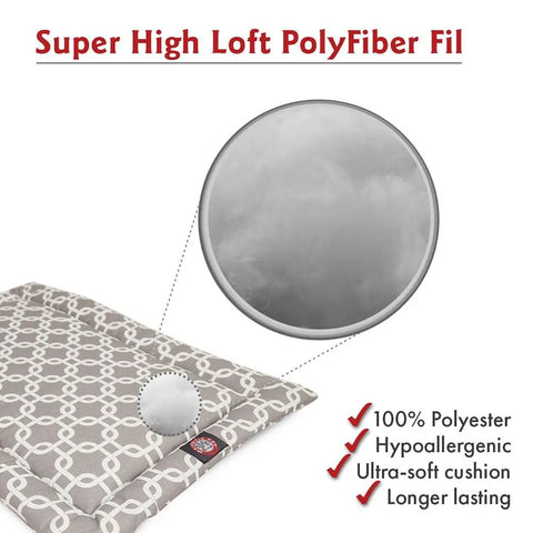 The Links Crate Mat - Personalized by Majestic Pet features a geometric pattern and super high loft polyfiber fill. This ultra-soft, 100% hypoallergenic polyester dog bed is washable for lasting comfort and convenience.