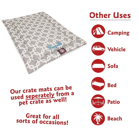 The Majestic Pet Links Crate Mat - Personalized features custom embroidery, is washable, and versatile for use in crates, on beds, sofas, patios, vehicles, or the beach. Use it as a pet mattress or separately for your dogs comfort anywhere.
