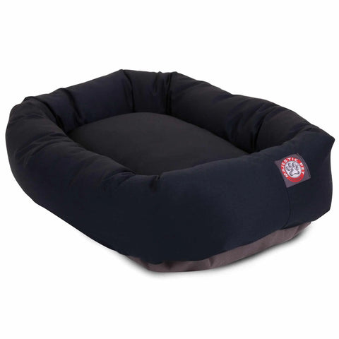 The Majestic Pet Poly/Cotton Bagel Bed - Personalized features black and gray padding, raised cushioned sides for spine support, a soft flat center, and a red and white logo patch. Its machine washable for easy care.