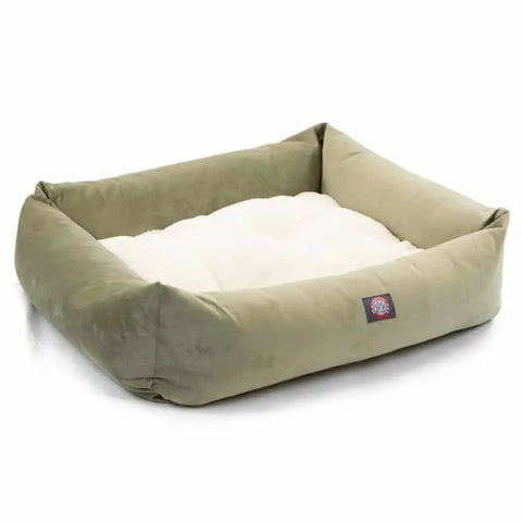 The Suede Luxe Bagel Bed - Personalized by Majestic Pet is an olive green, rectangular dog bed with high, soft sides and a plush cream cushion. Machine washable for easy care, it ensures luxurious comfort for your pet. Shown on a white background.
