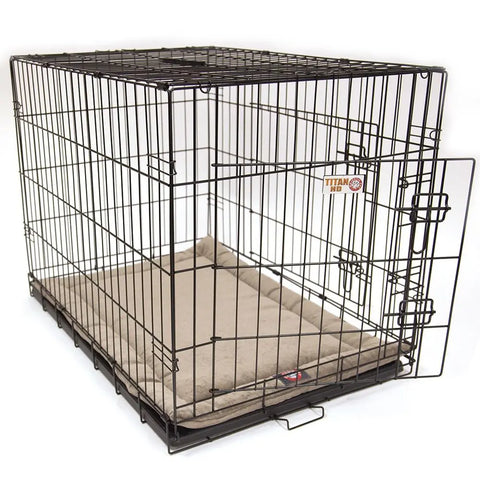 The Majestic Pet Villa Crate Mat - Personalized is a beige, machine-washable mat enhancing pet comfort, shown inside a black metal wire dog crate with an open door, set against a white background.
