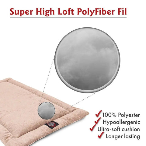 The Majestic Pet Villa Crate Mat – Personalized is shown in beige, featuring super high loft polyfiber fill, 100% polyester fabric, hypoallergenic and machine washable design, ultra-soft cushion, and enhanced pet comfort.